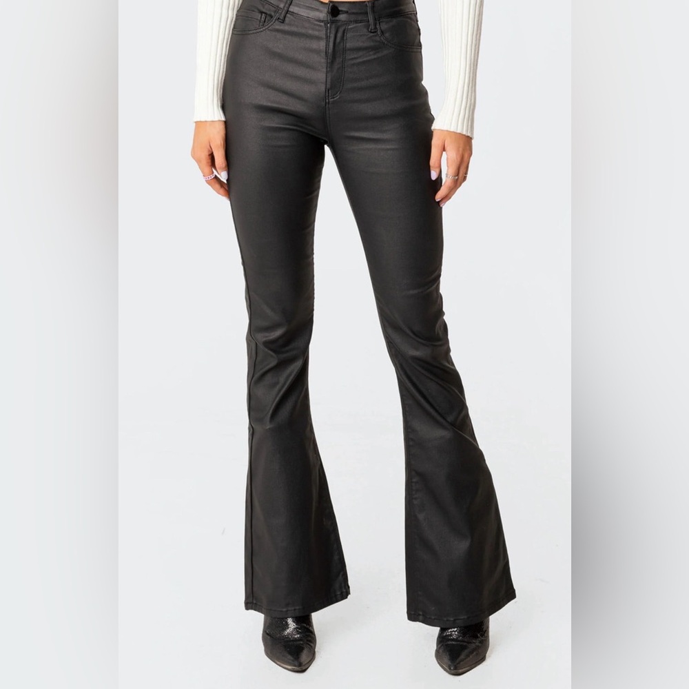 Edikted Black Faux Leather Flared Bootcut Pants